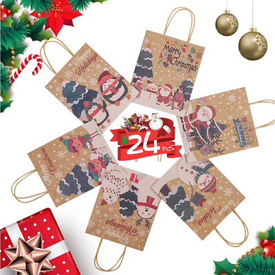 24x Christmas Holiday Kraft Paper Goody Bags Christmas themed Gift Bags Medium $12.99