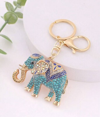 #ad #ad Elephant Keyring Gold Blue Diamonte Charm Keychain Bag Bling Gift Car Keys AU $17.95