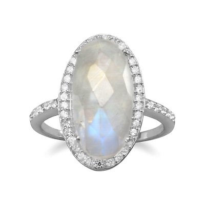 #ad Oval Rainbow Moonstone Ring with Cubic Zirconia Halo Sterling Silver $51.48