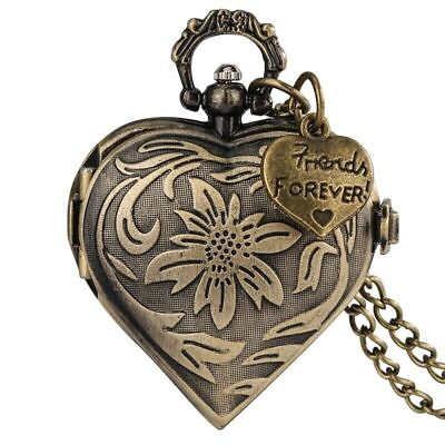 #ad Bronze Full Hunter Heart Shape Unisex Quartz Pocket Watch FOB Necklace Chain $4.59