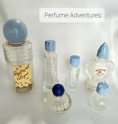 #ad LOT OF 6 VINTAGE PERFUME BOTTLES WITH BLUE CAPS VERY CUTE $35.00