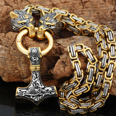 #ad Nordic Celtic Wolf Men#x27;S Necklace Viking Wolf Head Stainless Steel Pendant $23.36