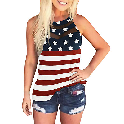 #ad WOmen Summer Casual National Flag Printing Mesh Piece Halter Round Neck Loose $12.63