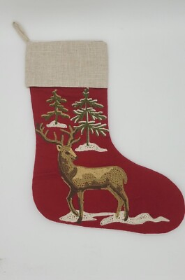 #ad Christmas Stocking Embroidered Deer Reindeer Pinetrees Snow Red 16quot; $19.99