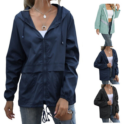 #ad Women#x27;s Waterproof Rain Jacket Zip Up Hooded Windbreaker Coat Lightweight Solid $17.66