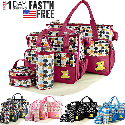 5pcs Mommy Handbag Baby Changing Diaper Nappy Bag Bottle Mat Set Travel Tote Bag $27.37