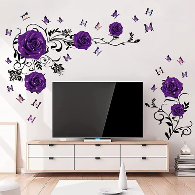 #ad Purple Rose Wall Stickers Rose Flower Vine Wall Decal Purple Peony Floral Wall D $19.58