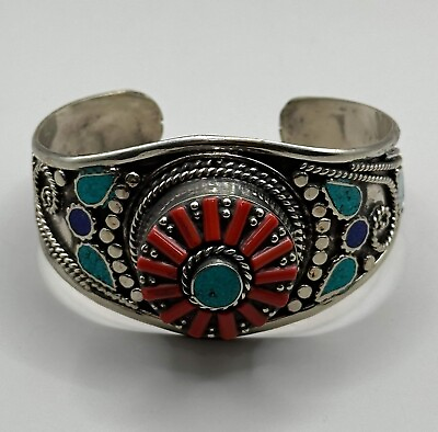 #ad Antique silver beautiful original coral amp; turquoise unique Tibetan bracelet $300.00