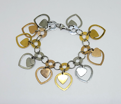 #ad EdForce Stainless Steel Rose Yellow White Gold Hearts Charm Bracelet 7quot; $14.00