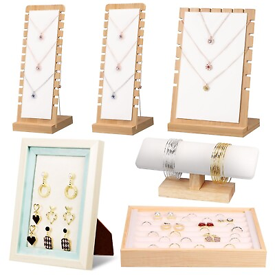 #ad 6Pcs Jewelry Display Set Bamboo Necklace Display Holders Earring Display Rin... $48.55