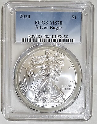#ad 2020 United States American $1 Silver Eagle PCGS Graded MS70 Coin Blue Label $53.00