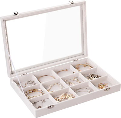 #ad Jewelry Tray 12 Grid Velvet Jewelry Organizer Storage Box with Clear Lid Drawer $44.03
