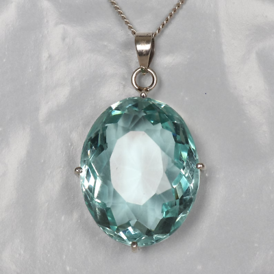#ad Large Blue Aquamarine Loose Gemstone Pendant Sterling Silver Oval Cut Necklace $30.71