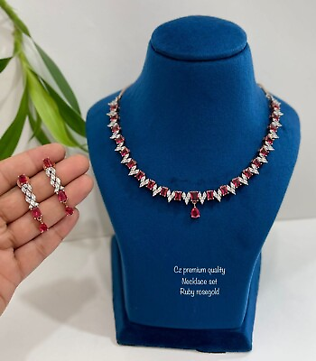 #ad Fancy AD amp; CZ Studded Jewellery Of Necklace amp; Earring Set Ruby Rosegold amp; White $97.01