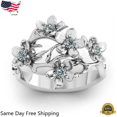 #ad Flower Silver Plated Ring White zircon Women Jewelry Size 6 10 Lab Created $3.59