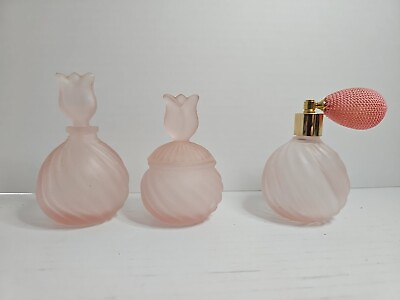 #ad PINK FROSTED GLASS SET of 3 PERFUME BOTTLE ATOMIZER SPRAY. No Chips Or Crack $29.99