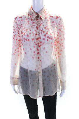 Armani Collezioni Womens Graphic Buttoned Sheer Long Sleeve Top Beige Size EUR44 $59.99