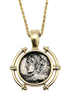 #ad Pendant 900 Silver Greek Alexander the Great Round 14 Karat Yellow Gold Bezel $1900.00