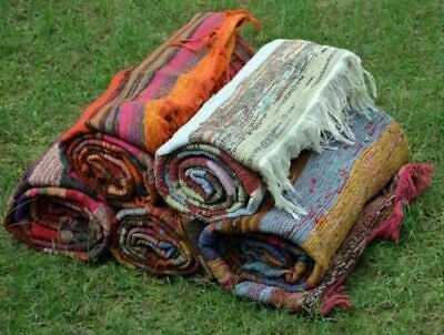 #ad Yoga Mat Room Decor 100% Cotton Handmade Chindi Indian Tassel Rag Area Rugs $27.80