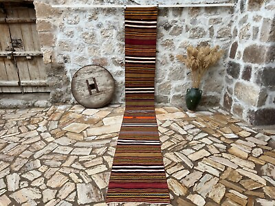 #ad Hnad Knotted Vintage Runner Carpet 2x15 Red Wool Striped Rug Kilim Hallway $299.40