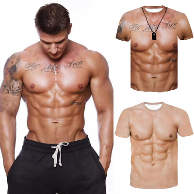 #ad Men Summer Strong Muscle 3D Print T Shirt Funny Short Sleeve Fake Tattoo Top UK GBP 5.49