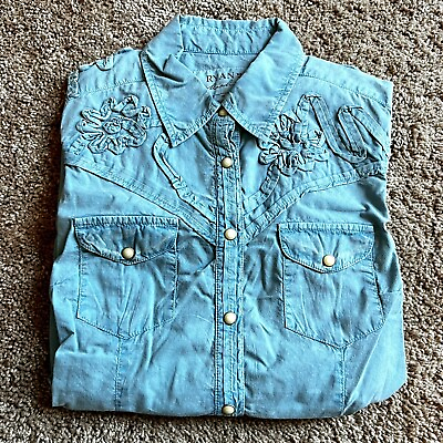 Ryan Michael Women’s Teal Blue Rodeo Ruffle Pearl Snap Shirt Sz M Western $26.99