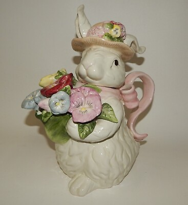 #ad Kaldun amp; Bogle Bunny Rabbit Teapot Holding Bouquet of Pansy Flowers $49.99