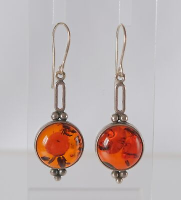 #ad VINTAGE 925 STERLING SILVER BALTIC Cabachon AMBER 2quot; DROP PIERCED EARRINGS $25.97