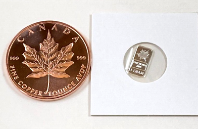 #ad Silver amp; Copper * Canadian Maple Leaf Art * .999 Bullion Bar amp; Round Combo Set $4.99