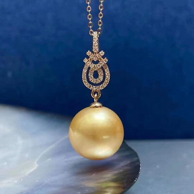 #ad HUGE 13MM SOUTH SEA GENUINE GOLD PERFECT ROUND PEARL PENDANT NECKLACE 1388AAA $250.00