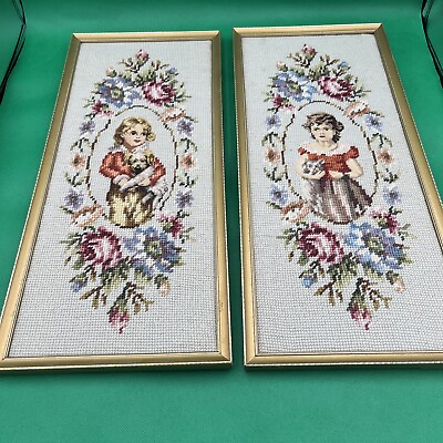 #ad Vintage Lot Of 2 Framed Needlepoint Children With Pets Surrounded By Flowers $26.99