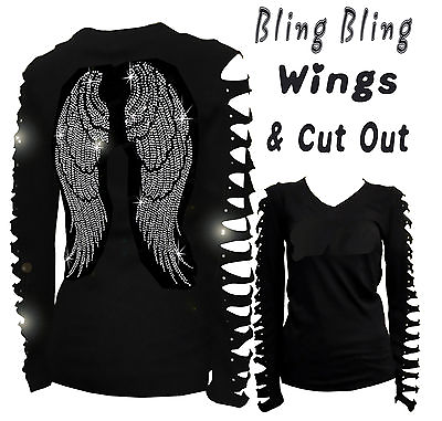 #ad BLING BLING ANGEL WINGS RHINESTONERIPPED SLIT CUT OUT LONG SLEEVE T SHIRT S 4XL $27.99