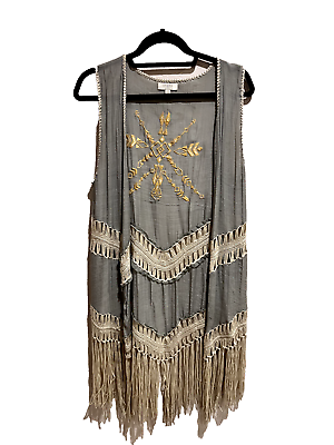 #ad Umgee Boho Vest sz S Embroidered Bohemian Fringe Duster Green Gold Tan $16.00