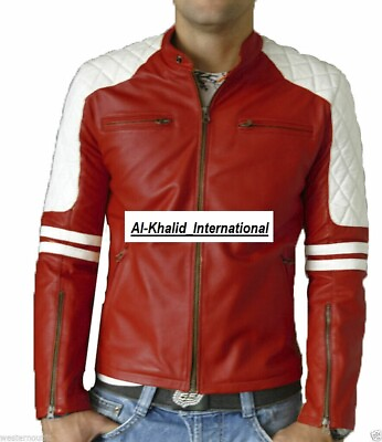 #ad Pure Lambskin Leather Halloween Stylish Motorcycle White Strip Red Jacket Men $117.75
