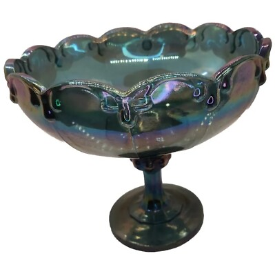 #ad Indiana glass blue carnival glass compote bowl 7x8 In $50.00