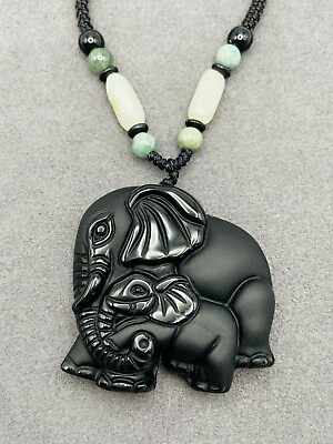 #ad Jade Obsidian Elephant Animal Charm Pendant Necklace Beads Cord Handmade Carved $15.95