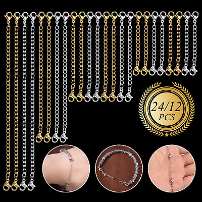 12 24X Stainless Steel Necklace Jewelry Bracelet Extender Chain Set Lobster lock $10.98