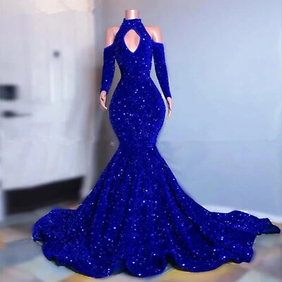 #ad 2024 Royal Blue Sequins Mermaid Prom Dresses Elegant Long Sleeves Evening Gown $251.99