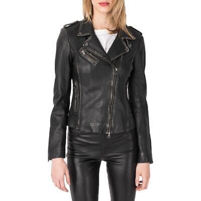 #ad Women#x27;s Short Biker Jacket 100% Real Leather Vintage Black Rubbed Off Retro Coat $119.92