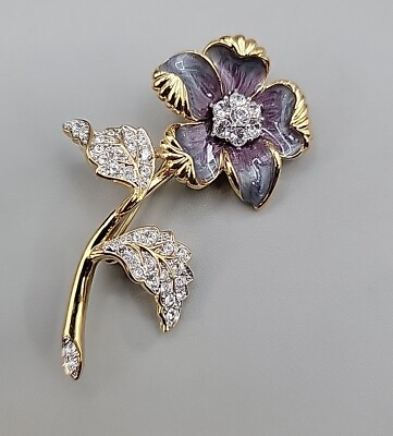 #ad Nolan Miller Purple Enamel Rhinestone Flower Brooch Designer Runway Vintage $127.50