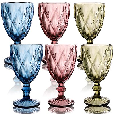 #ad Set of 6 Vintage Wine Glasses 10oz Colored Goblet Glass with Stem Romantic ... $33.53