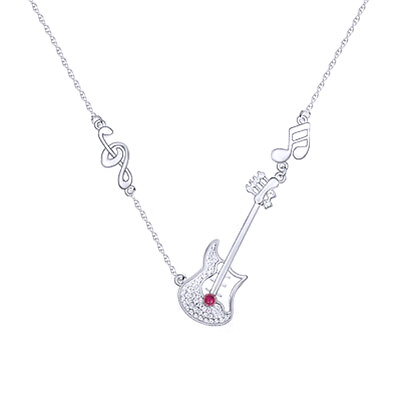 #ad Love Guitar Pendant Long Necklace 18quot; Simulated Red Ruby 14K White Gold Plated $144.71