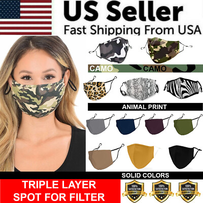 #ad Face Mask Triple Layer Reusable Washable Cover Camo Cloth Zebra Snake Cheetah $2.99