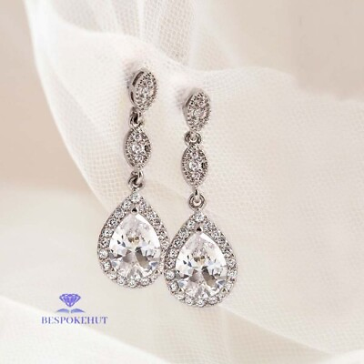 #ad Moissanite Drop Dangle Earrings Solid 14K White Gold 3 Carat Pear Cut For Women $213.56