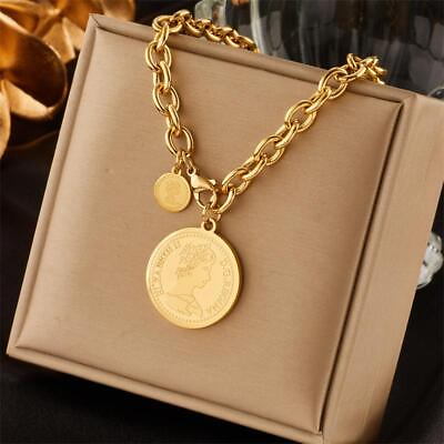 #ad 18k Gold Plated Stainless Steel Round Portrait Coin Necklace Pendant Women Men $9.99