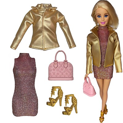 #ad Eledoll Clothes Gold Pink Fashion Pack for 12 inch Fashion Doll Gold Jacket Set $25.00