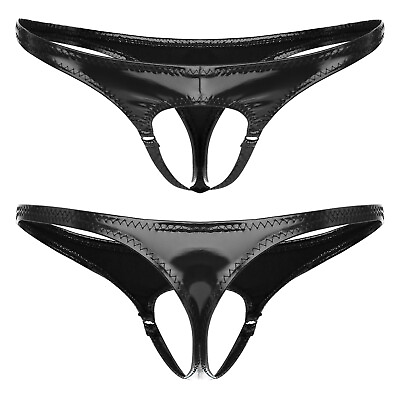 #ad Mens PU Leather High Cut Thong Underpants Hollow Out Low Rise G String Underwear $8.08