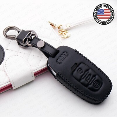 #ad Black for Audi Car Remote Leather Key Fob Case Holder Protect Cover Decoration $44.90
