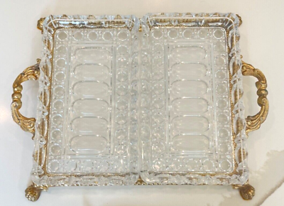 #ad Vintage Hollywood Regency Two Part Lead Crystal Tray with Gold Footed Stand $55.95