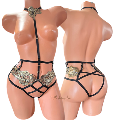 #ad Victorias Secret Very Sexy Band of Lovers Gold Accents Caged Harness Panty Black $31.49